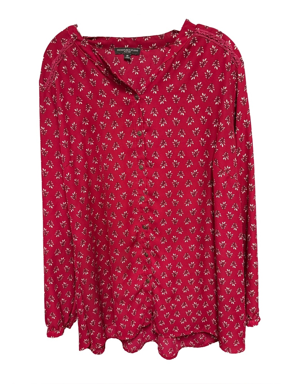 Signature Studio Women's 2X Burgundy Floral Button Up Blouse Boho